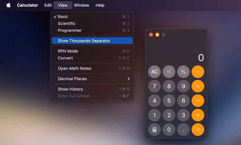 Bật dấu phân cách hàng nghìn trên Calculator