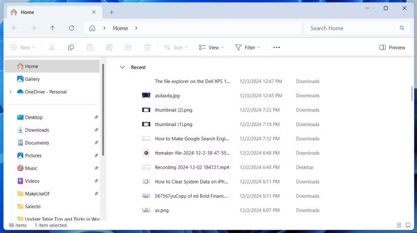 Danh sách file gần đây trong File Explorer