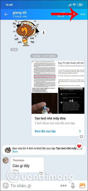 Giao diện thiết lập nhóm chat Zalo