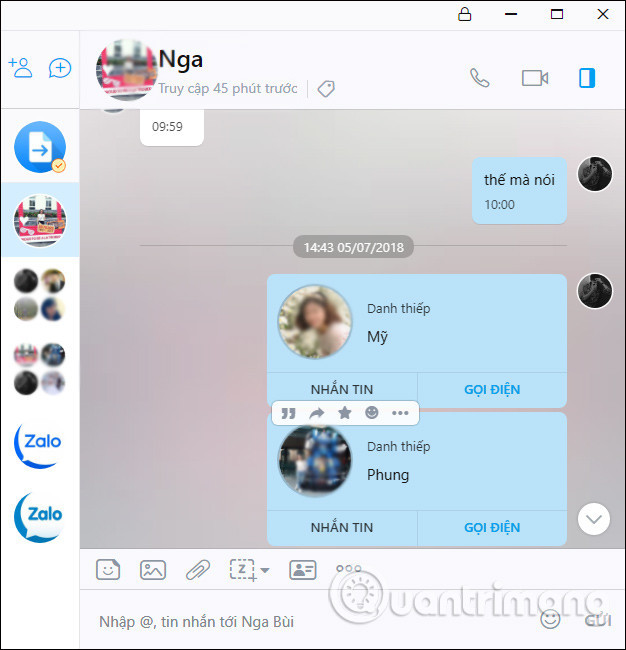 Hiện danh thiếp Zalo đã gửi