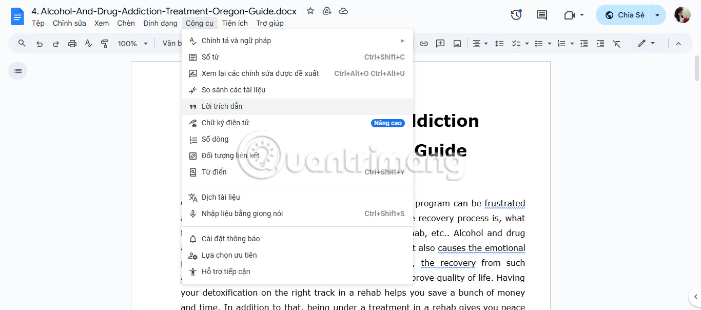Cách chèn trích dẫn trong Google Docs