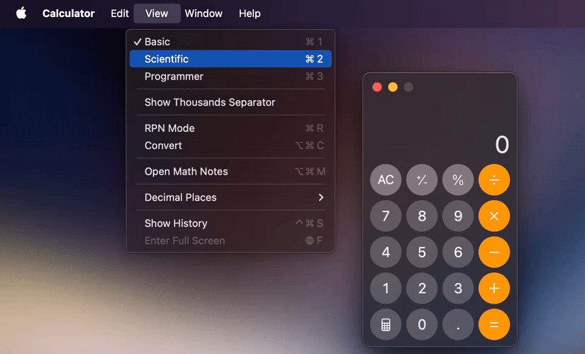 Máy tính khoa học đo đạc số mũ trên macOS