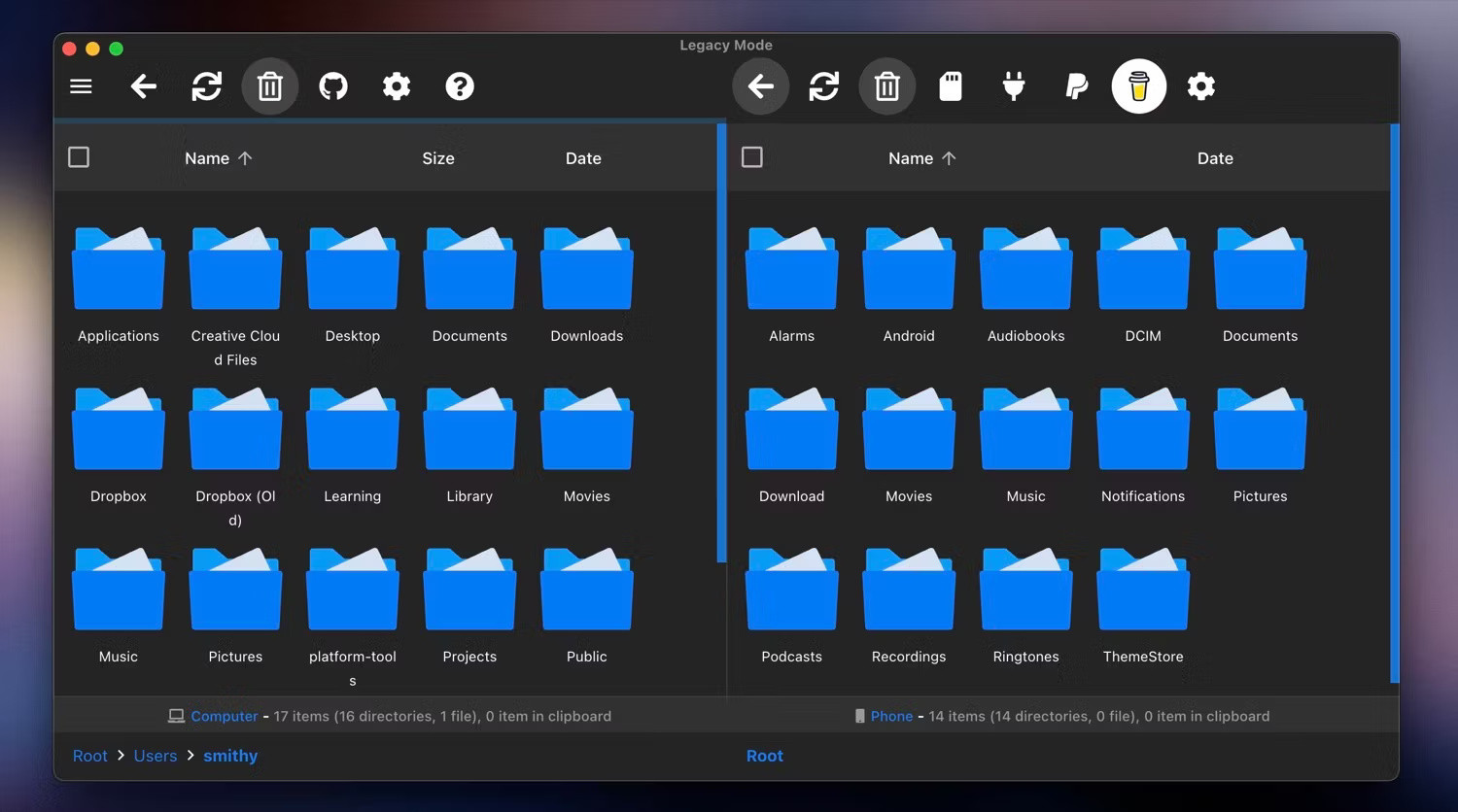 Ứng dụng OpenMTP với bộ nhớ macOS và Android mở ở chế độ xem chia đôi.